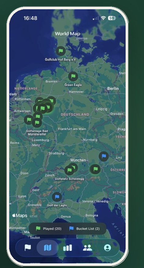 Fairwayology world map showing played golf courses